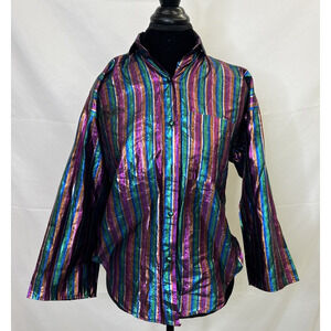 Vintage Sam & Max Metallic Strips Button Down Ladies Shirt 3/4 Sleeve FS Charity